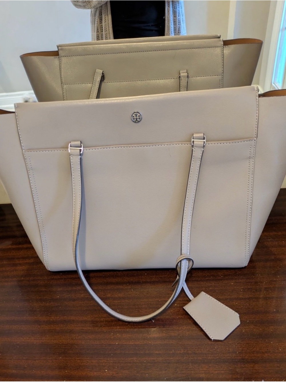 Tory Burch Cream Leather Tote with Logo Accent